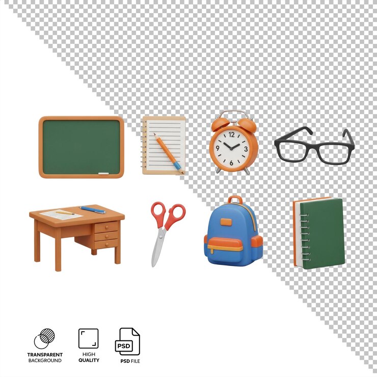 PSD 3d rendered school supplies set