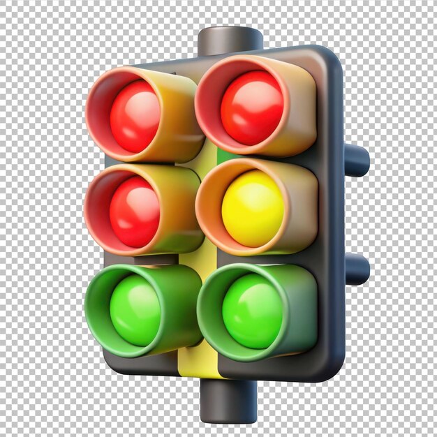 3d rendered traffic light with red yellow and green lights isolated on transparent background
