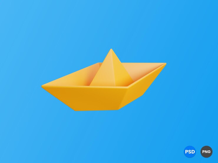 PSD 3d rendered yellow origami boat on blue