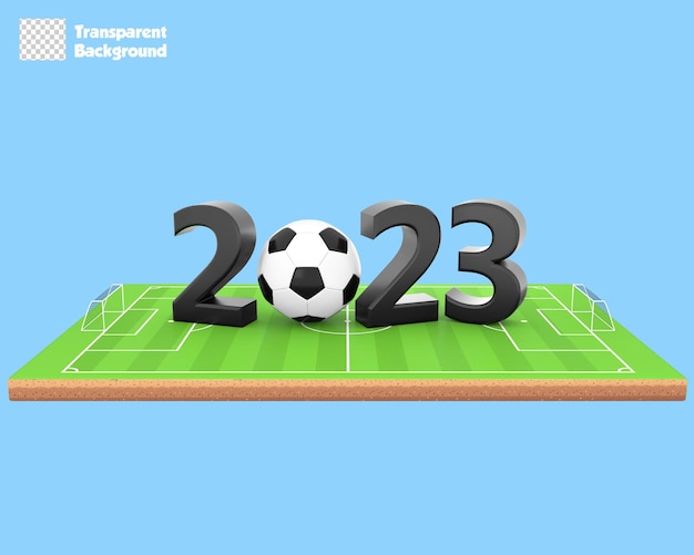 3D-Rendering 2023 mit Fußball auf der Seitenansicht des Fußballplatzes