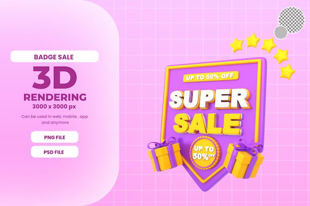 3D-Rendering Abzeichen Super Sale mit Geschenksymbol