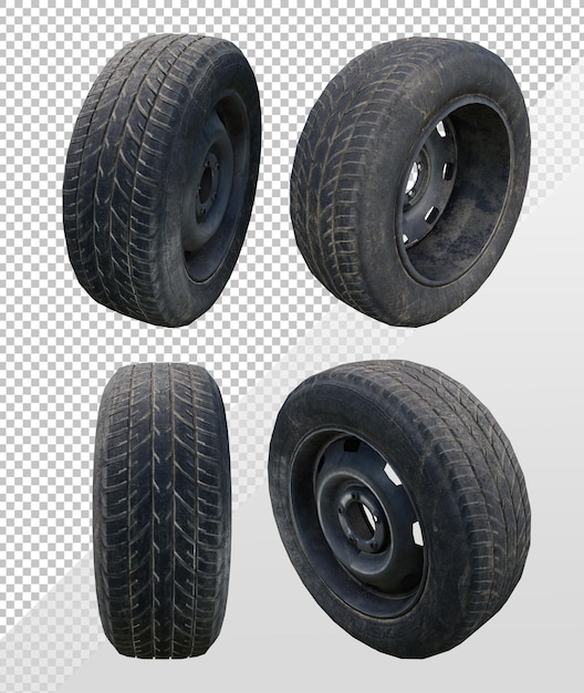 3D-Rendering alte schmutzige Autoreifen Radperspektive