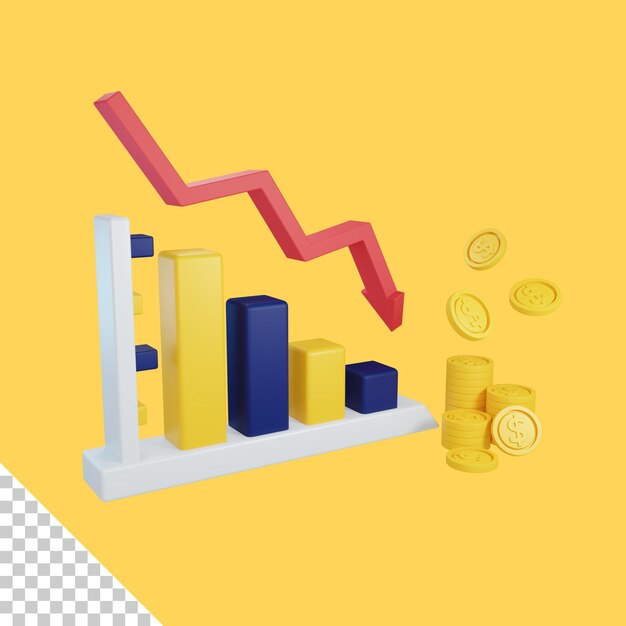 3D-Rendering bankrottes Konzept mit Balkendiagramm und Münzen