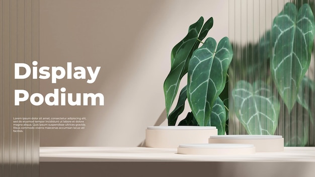 3D-Rendering-Bild-Szenen-Mockup Weißfarbige gekrümmte Zylinder-Podium in Landschaft Glaswand