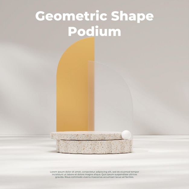 3D-Rendering-Bildmodell des Terrazzo-Podiums im Quadrat mit gelbem und mattiertem Glashintergrund