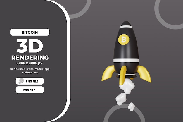 3d-rendering bitcoin rakete starup illustration premium psd
