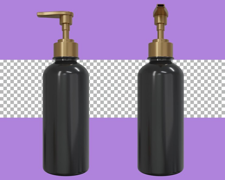 3d rendering black and gold bottle pump tranparent