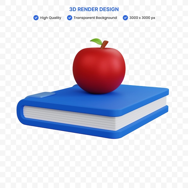 3d-rendering blaues buch mit äpfeln darauf isoliert