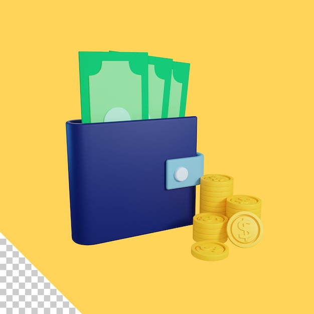 3D-Rendering Brieftaschenkonzept mit Dollarmünze und Geld