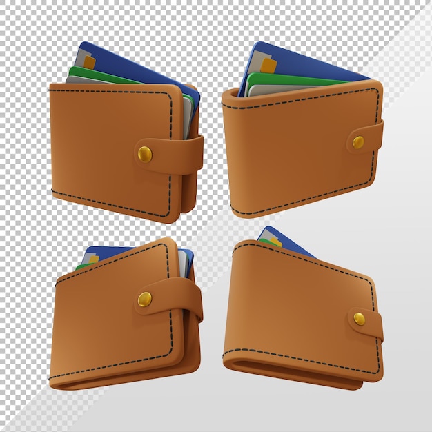 3d rendering brown wallet icon with visible atm card perspective view