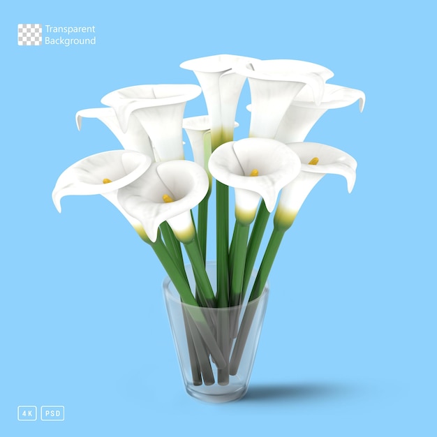 3d rendering calla lily flowers en jarrón de vidrio