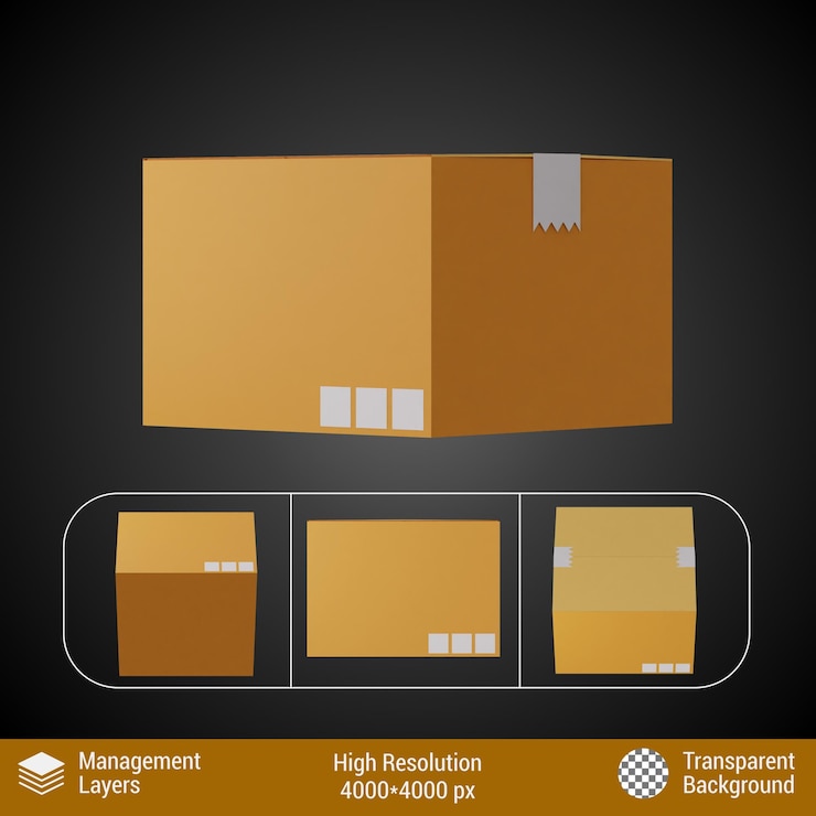 PSD 3d rendering cardboard box of goods close flat icon perspective various view