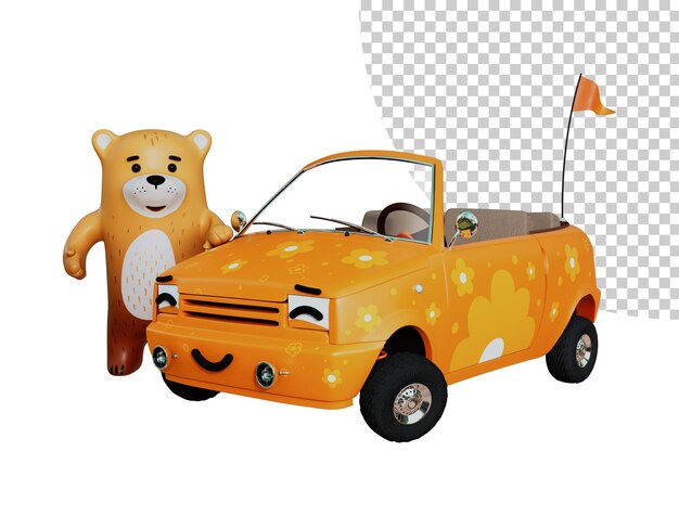 3d rendering cartone animato orso vicino a un'auto arancione auto bambino bambino illustrazione