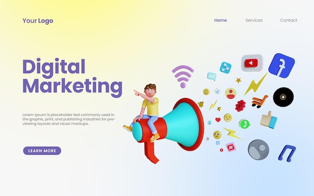 3D-Rendering-Charakter mit großem Megaphon, das digitales Marketing für soziale Medien betreibt
