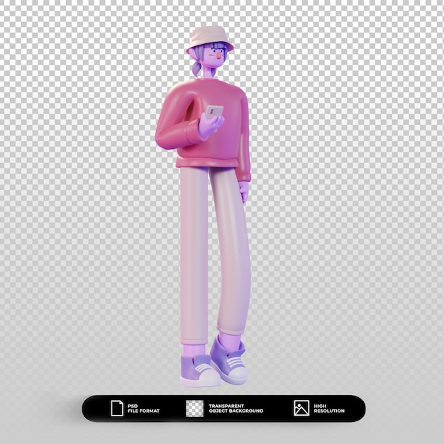 3D-Rendering-Charakterillustration, die mit Smartphone-Pose steht