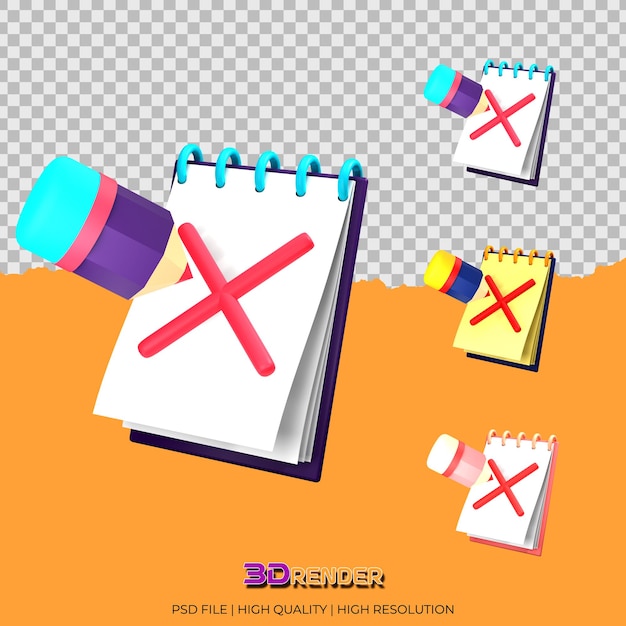3D-Rendering-Checklisten-Board-Sammlung mit Kreuzlinie und Bleistift
