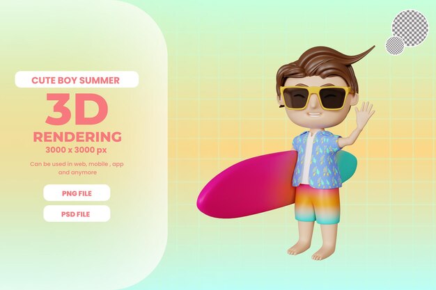 PSD 3d rendering chico lindo en verano con tabla de surf