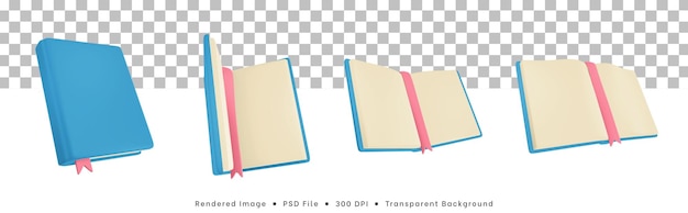3d rendering collection of book icons open to closed book poses