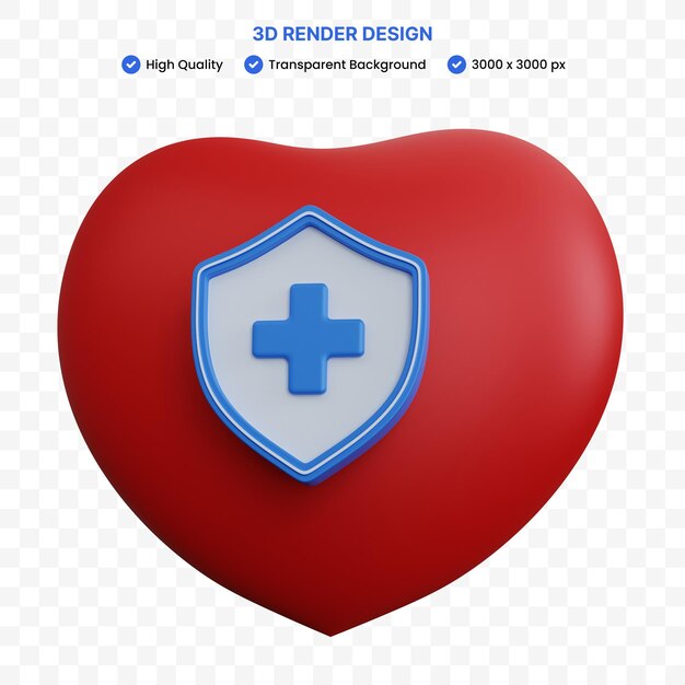3D rendering corazón rojo con escudo azul aislado