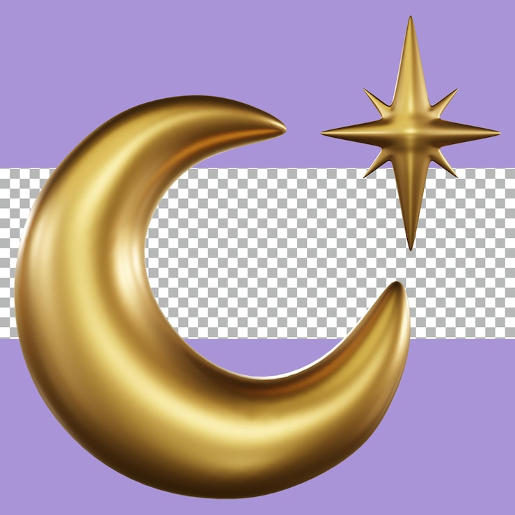 PSD 3d rendering cute moon and star gold color tranparent