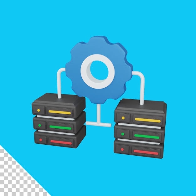 3D-Rendering-Daten integriertes Konzept mit Zahnrad und farbenfrohem Serversymbol, das für die Server-IT nützlich ist