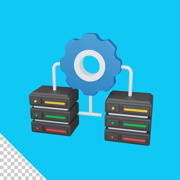 PSD 3d-rendering-daten integriertes konzept mit zahnrad und farbenfrohem serversymbol, das für die server-it nützlich ist