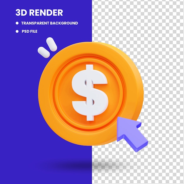 3d-rendering der abbildung des pay-per-click-münzensymbols