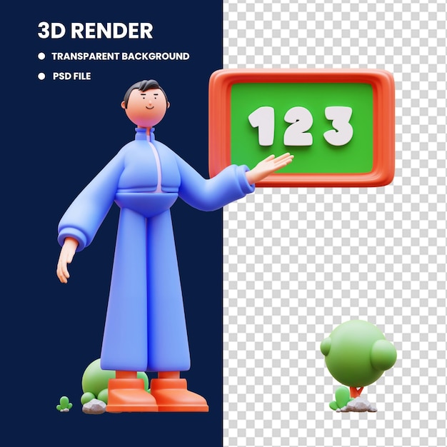3d-rendering der charakterillustration, die vor der tafel präsentiert wird, zurück zur schule