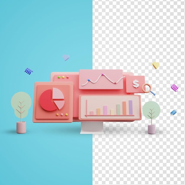3d-rendering der desktop-darstellung mit monitorbildschirm mit diagrammen und grafiken auf dem dashboard