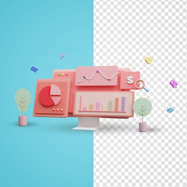 3d-rendering der desktop-darstellung mit monitorbildschirm mit diagrammen und grafiken auf dem dashboard