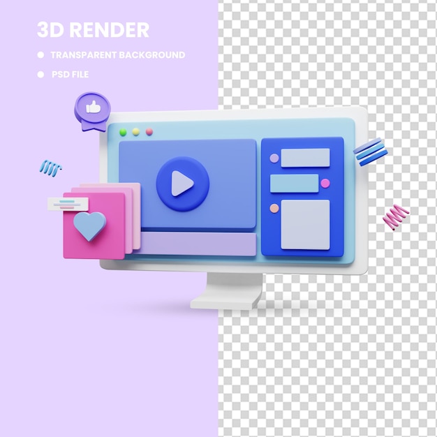 3d-rendering der desktop-illustration mit dem bildschirm, der video abspielt