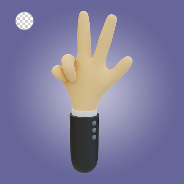 PSD 3d-rendering der handgesten mit drei fingern