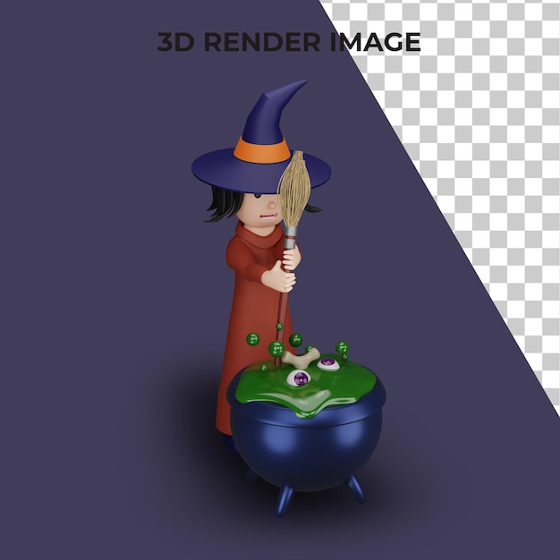 PSD 3d-rendering der hexe mit halloween-konzept