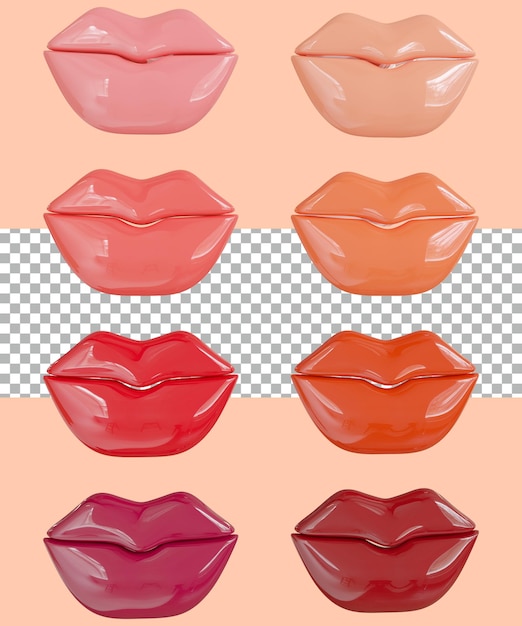3D-Rendering der Mundform acht Muster Lippenstift Farbtöne von rot rosa orange und nackt