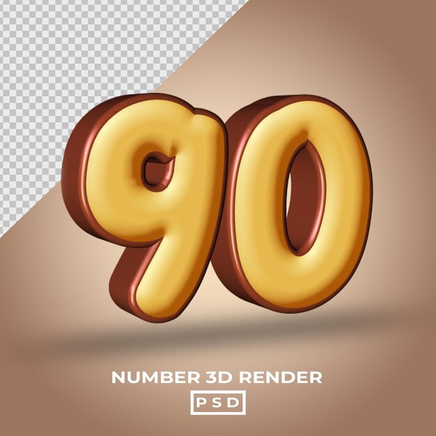 PSD 3d-rendering der nummer 90 mit schokoladenkuchenfarben