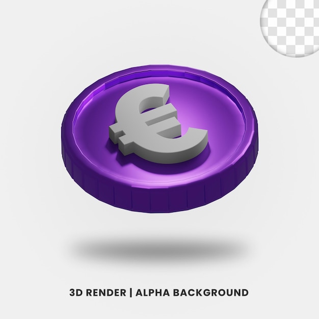 3d-rendering der violetten farbe euro-münze mit glänzendem effekt isoliert. nützlich für die illustration von geschäfts- oder e-commerce-projekten.