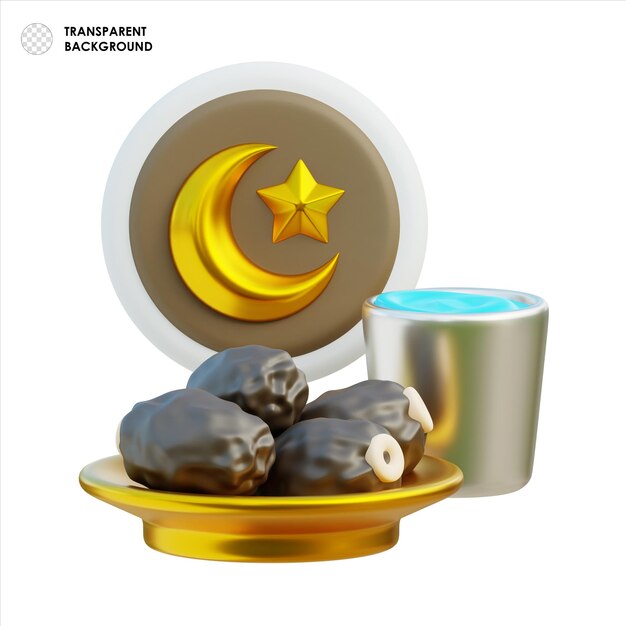 3d-rendering des iftar-arrangements mit datteln, milch und halbmondplatte