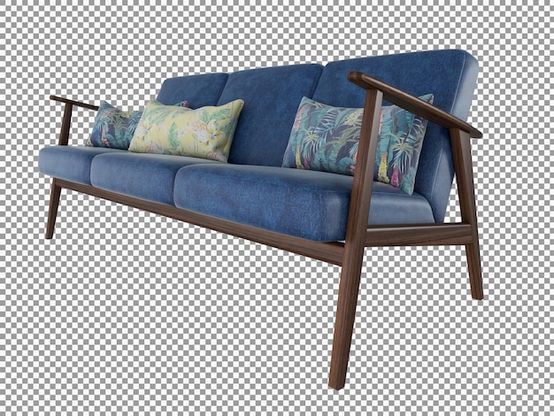 3d-rendering des minimalistischen blauen stoffsofas mit isoliertem holzinnenraum