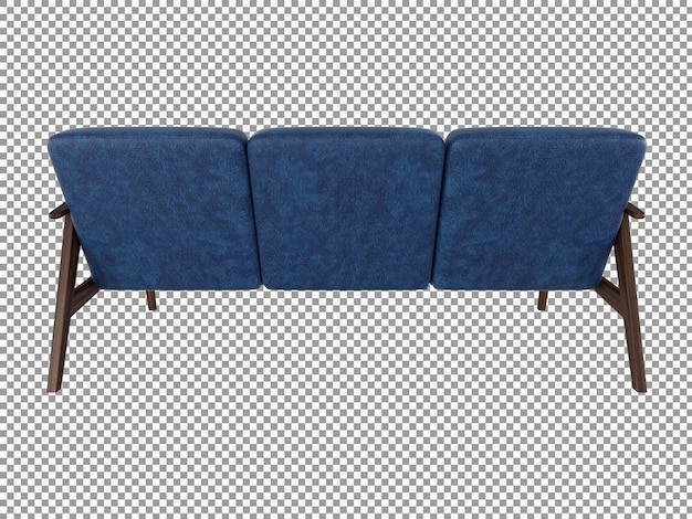 3d-rendering des minimalistischen blauen stoffsofas mit isoliertem holzinnenraum