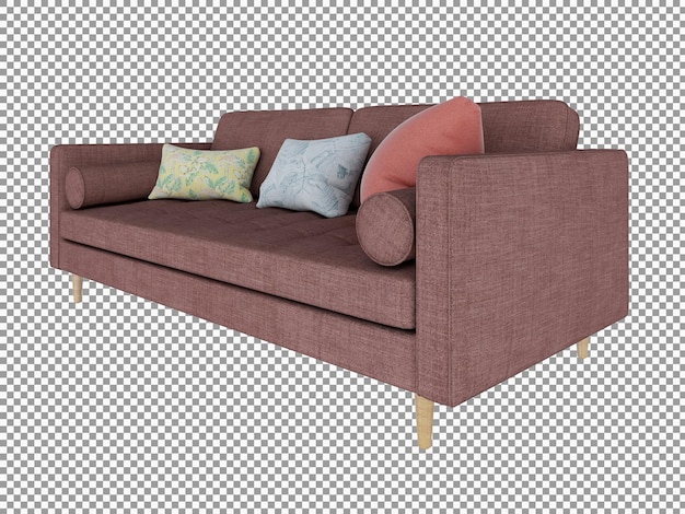 3D-Rendering des minimalistischen roten Stoffsofas mit isoliertem Holzinterieur