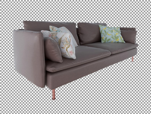 3d-rendering des modernen braunen sofas mit holzinnenraum isoliert