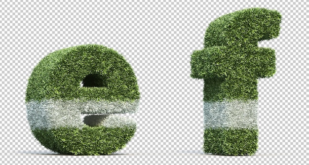 3D-Rendering des Rasenspielfeldalphabets e und des Alphabets f