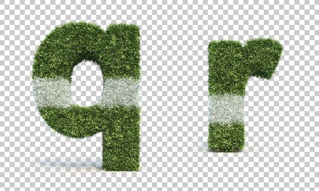 3D-Rendering des Rasenspielfeldalphabets q und des Alphabets r