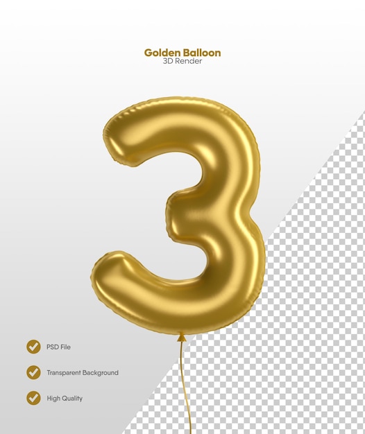 3d-rendering des realistischen goldenen folienballons nummer 3