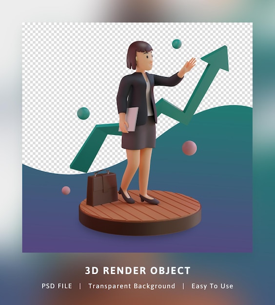 3d-rendering des stilvollen charakters mit statistischem diagramm