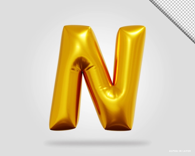 3d rendering di alfabeto dorato lettera N in stile palloncino
