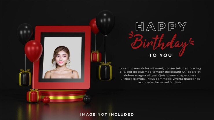 3d rendering di festa di compleanno digitale con palloncino lucido in cornice