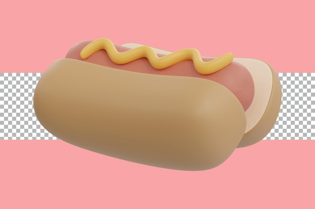 3D rendering di un hot dog carino e delizioso con salsa di senape spruzzata sulla salsiccia trasparente
