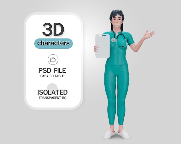 3D-Rendering.Doktor-Cartoon-Figur zeigt Klemmbrett mit leerem Papier.