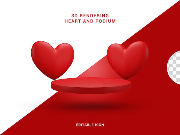 PSD 3d-rendering doppelter valentinsgruß-rotes herz mit rotem podium-symbol